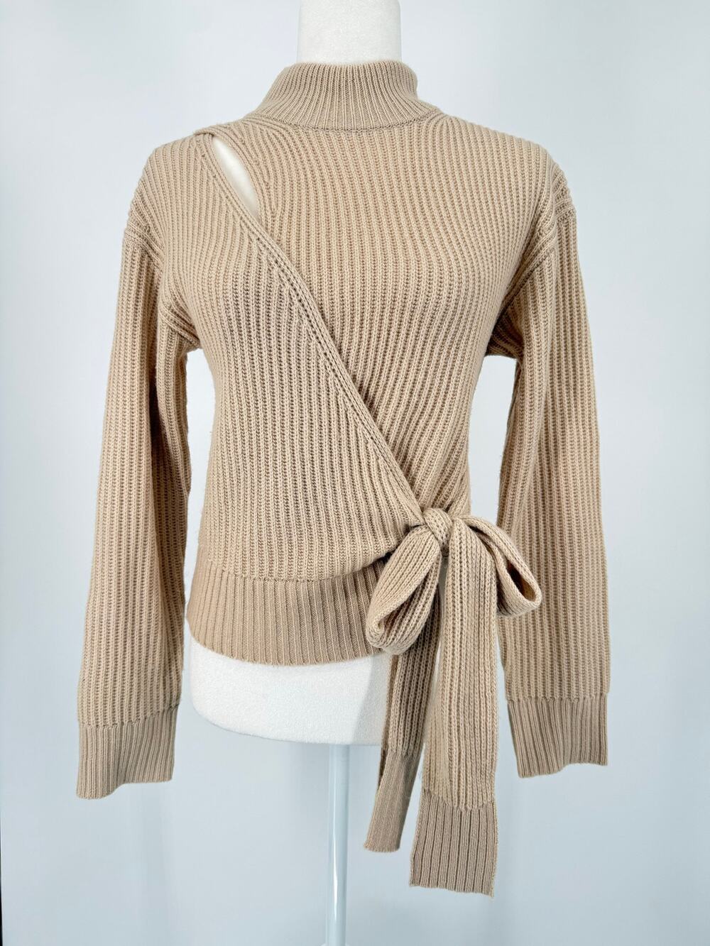 ASTR The Label Sora Cream Ribbed Wrap Tie Cutout Sweater Small Wool Blend